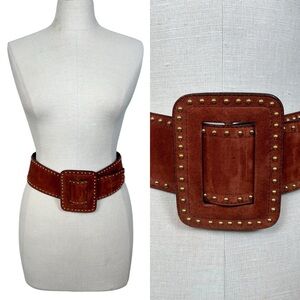 Escada Wide Cognac Brown Suede Belt with Gold Studs